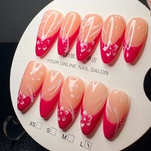 Hot Pink Floral French Ombre Press-On Nails by